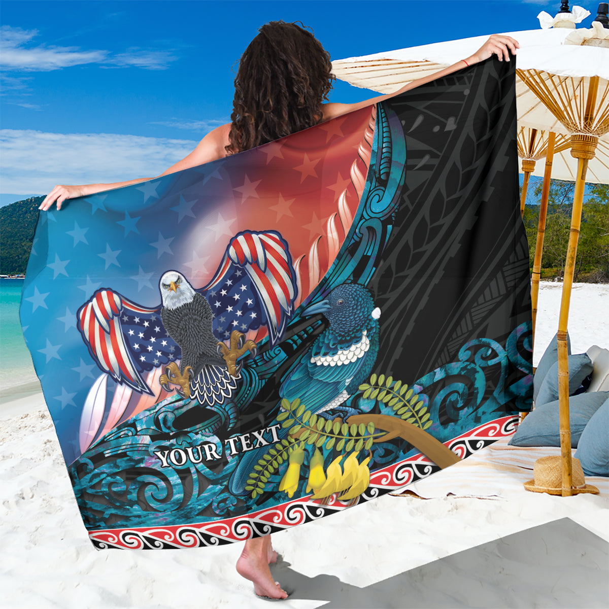 Personalised United States And New Zealand Sarong USA Eagle With Kowhai Aotearoa Tui Bird