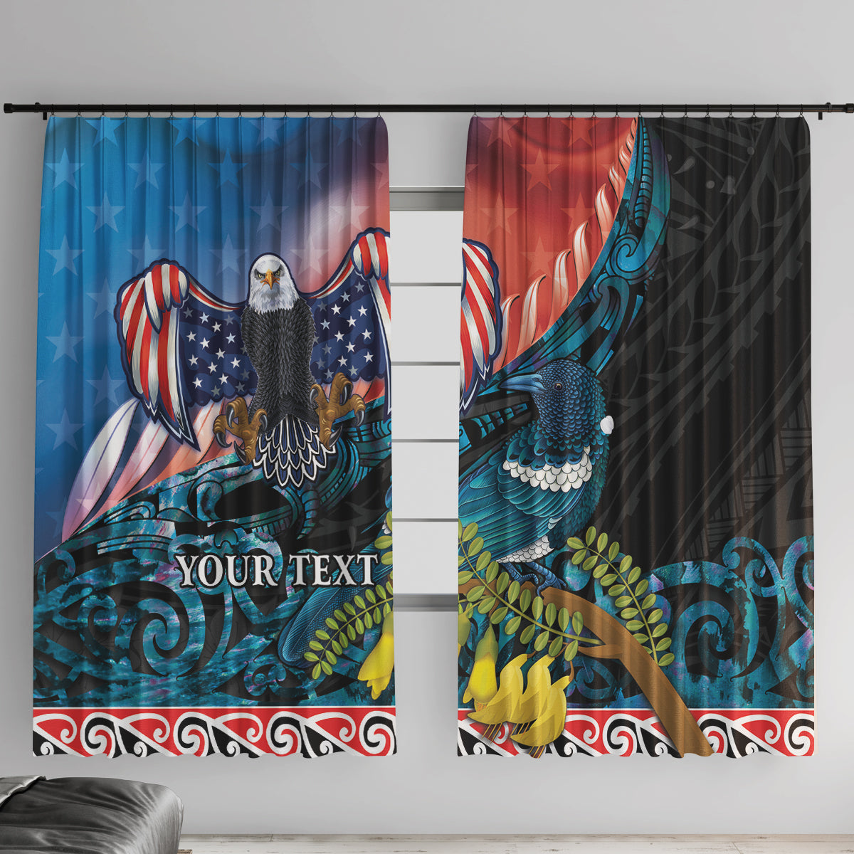 Personalised United States And New Zealand Window Curtain USA Eagle With Kowhai Aotearoa Tui Bird - Wonder Print Shop
