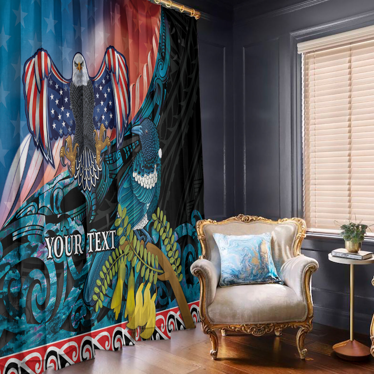 Personalised United States And New Zealand Window Curtain USA Eagle With Kowhai Aotearoa Tui Bird - Wonder Print Shop
