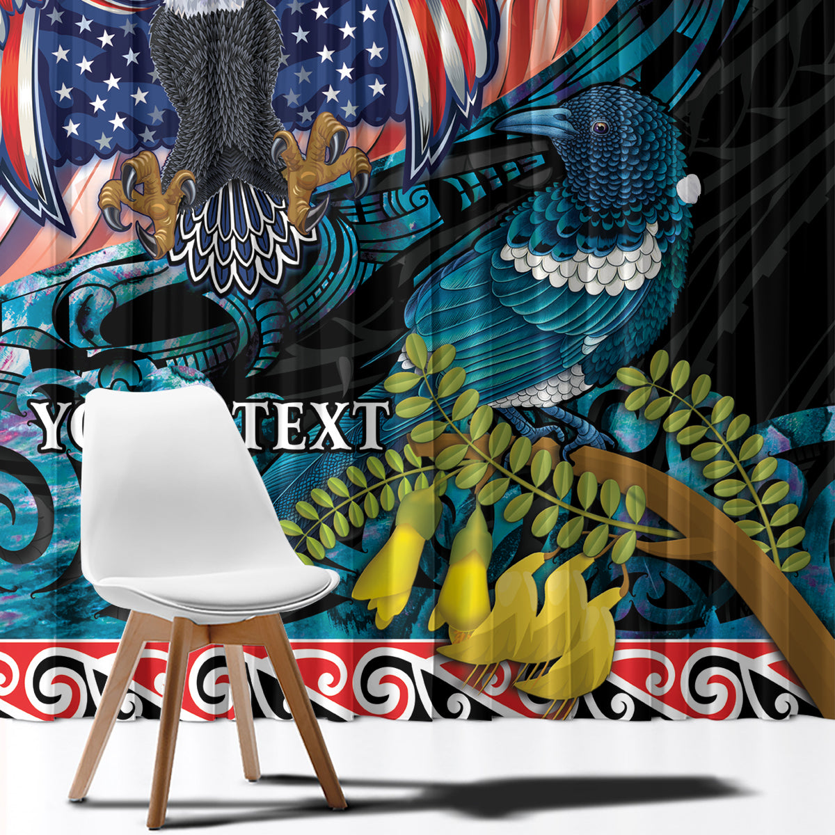 Personalised United States And New Zealand Window Curtain USA Eagle With Kowhai Aotearoa Tui Bird - Wonder Print Shop