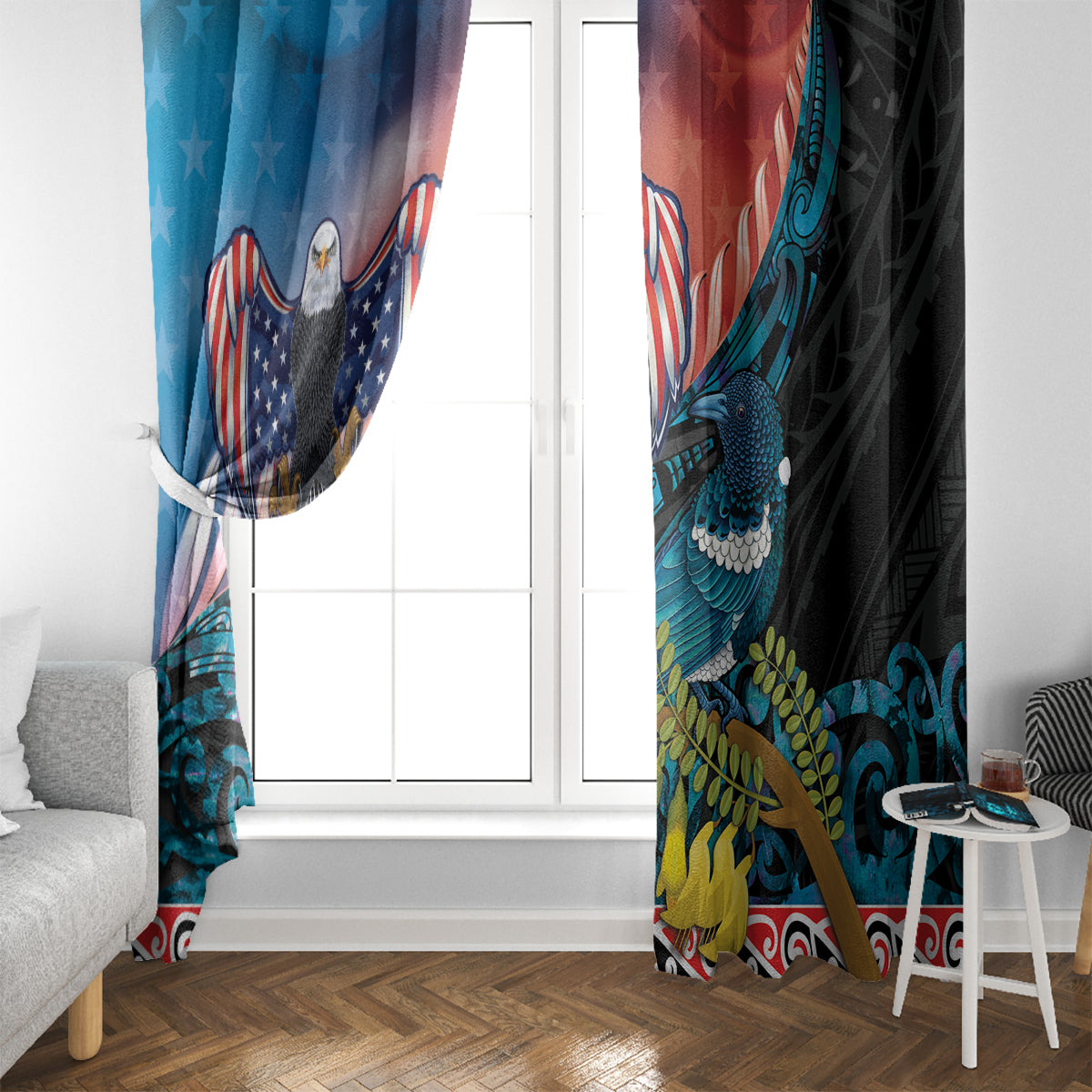 Personalised United States And New Zealand Window Curtain USA Eagle With Kowhai Aotearoa Tui Bird - Wonder Print Shop