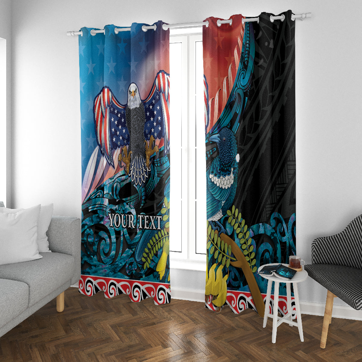 Personalised United States And New Zealand Window Curtain USA Eagle With Kowhai Aotearoa Tui Bird - Wonder Print Shop