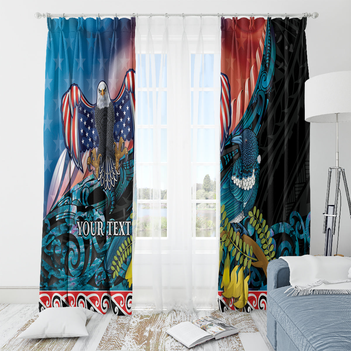Personalised United States And New Zealand Window Curtain USA Eagle With Kowhai Aotearoa Tui Bird - Wonder Print Shop