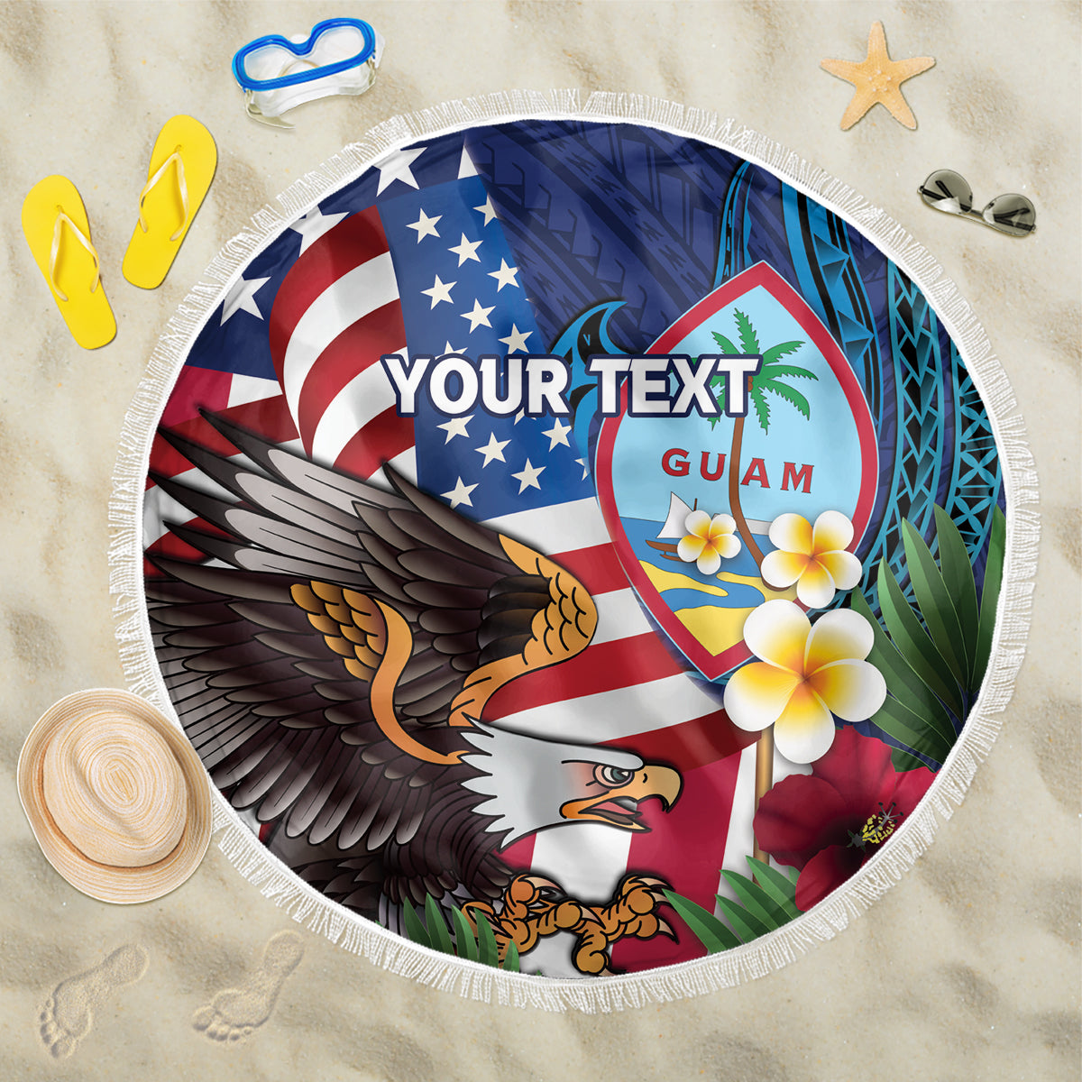 Personalised United States And Guam Beach Blanket USA Eagle With Guahan Seal Tropical Vibes