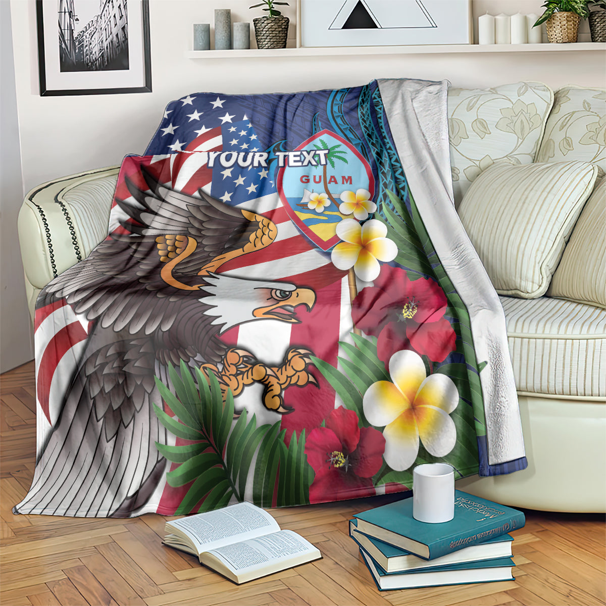 Personalised United States And Guam Blanket USA Eagle With Guahan Seal Tropical Vibes