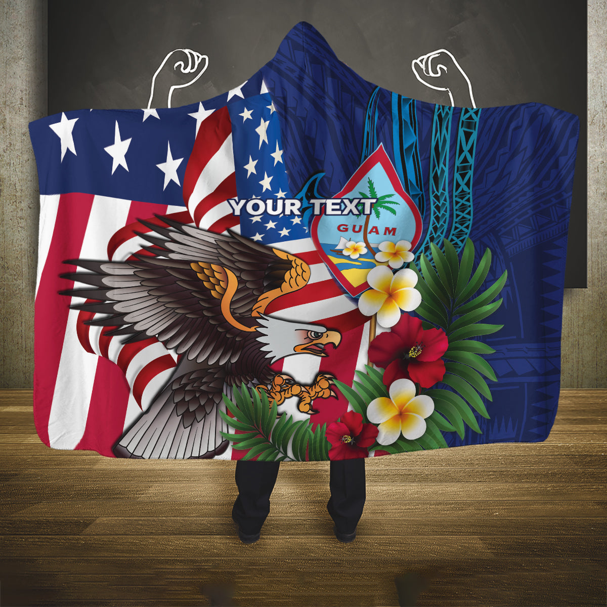 Personalised United States And Guam Hooded Blanket USA Eagle With Guahan Seal Tropical Vibes