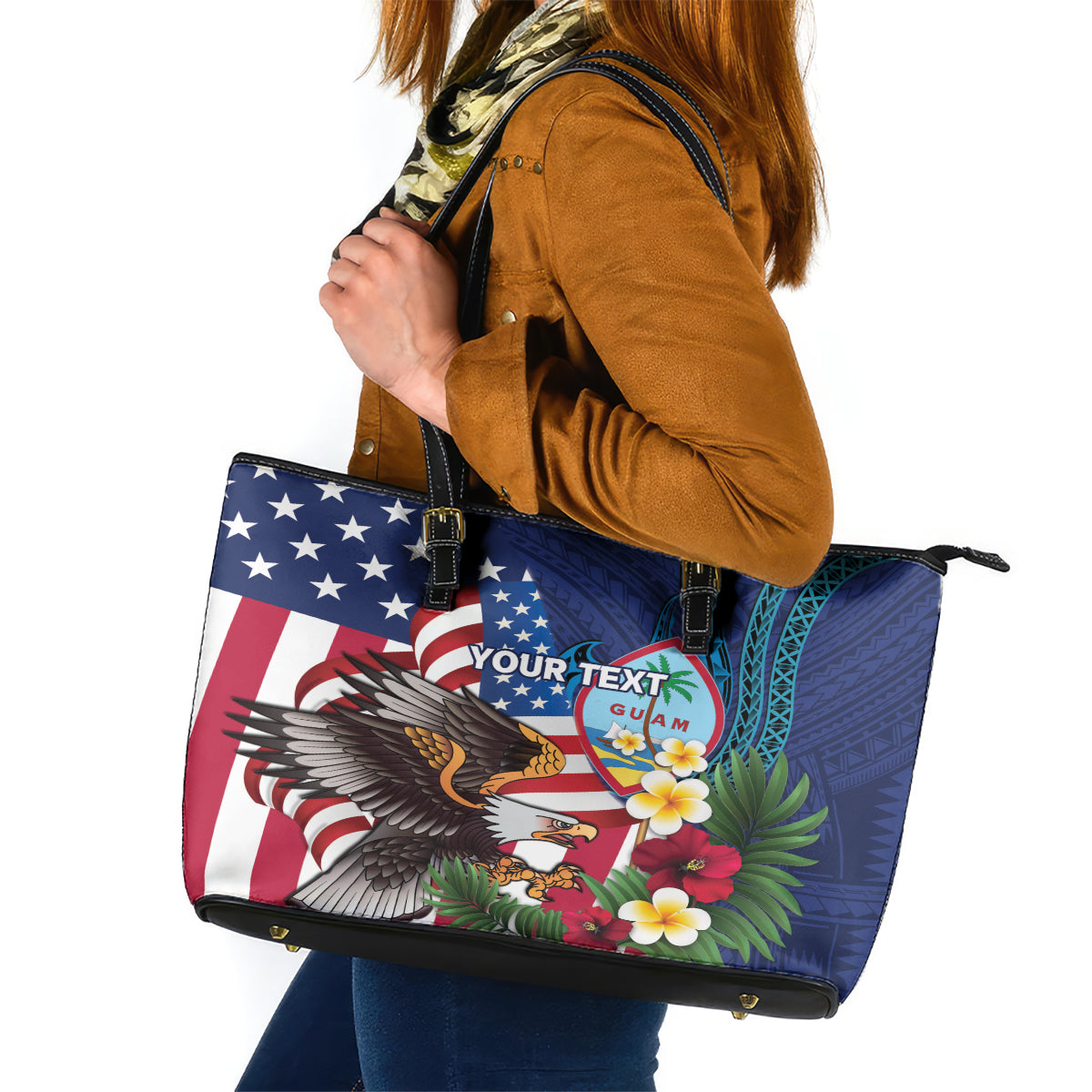 Personalised United States And Guam Leather Tote Bag USA Eagle With Guahan Seal Tropical Vibes