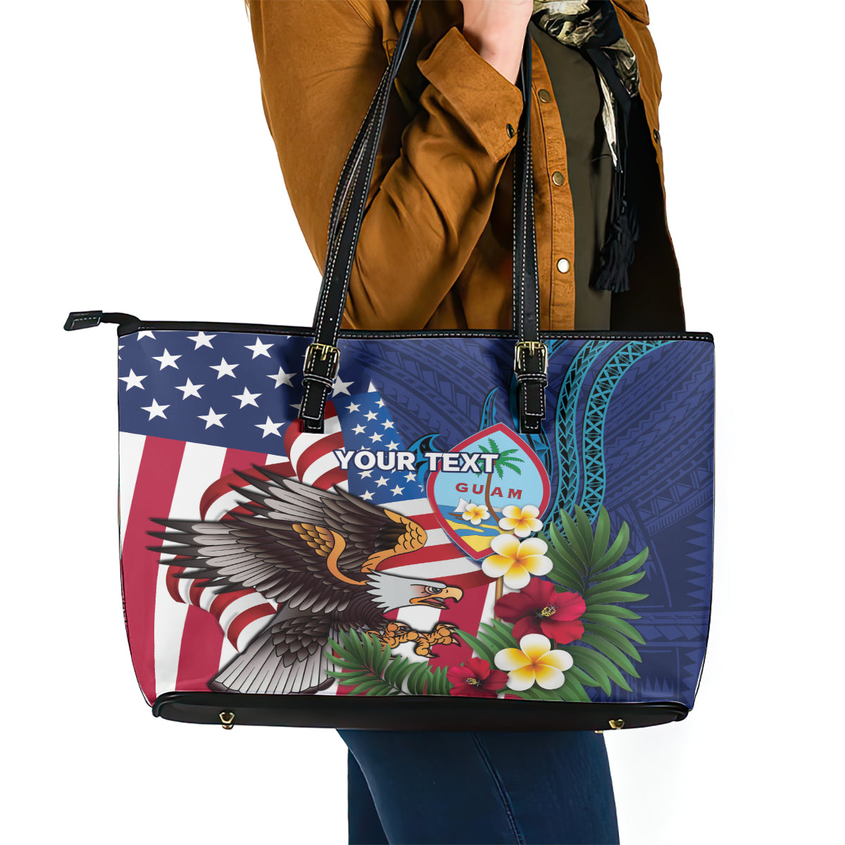 Personalised United States And Guam Leather Tote Bag USA Eagle With Guahan Seal Tropical Vibes - Wonder Print Shop