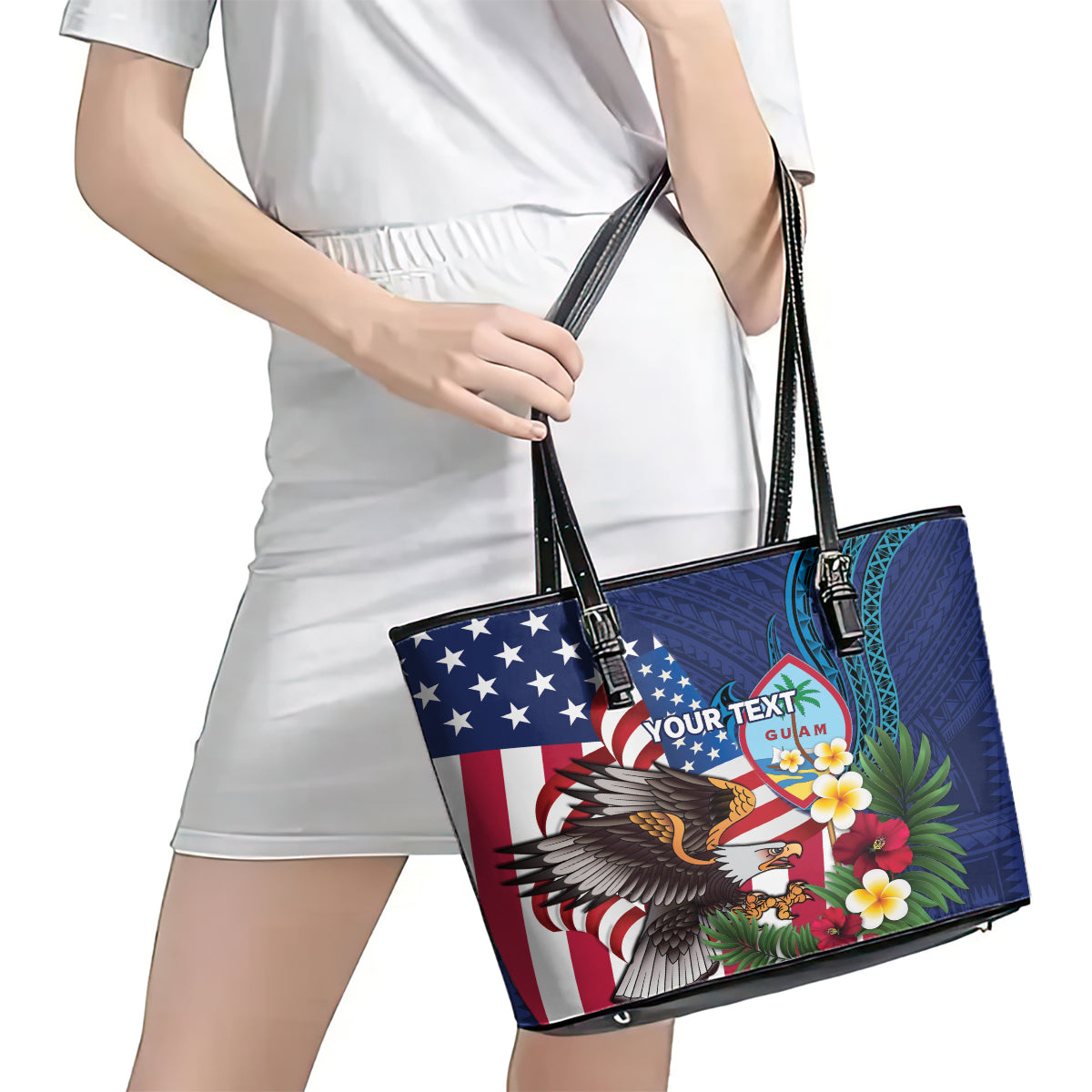 Personalised United States And Guam Leather Tote Bag USA Eagle With Guahan Seal Tropical Vibes - Wonder Print Shop