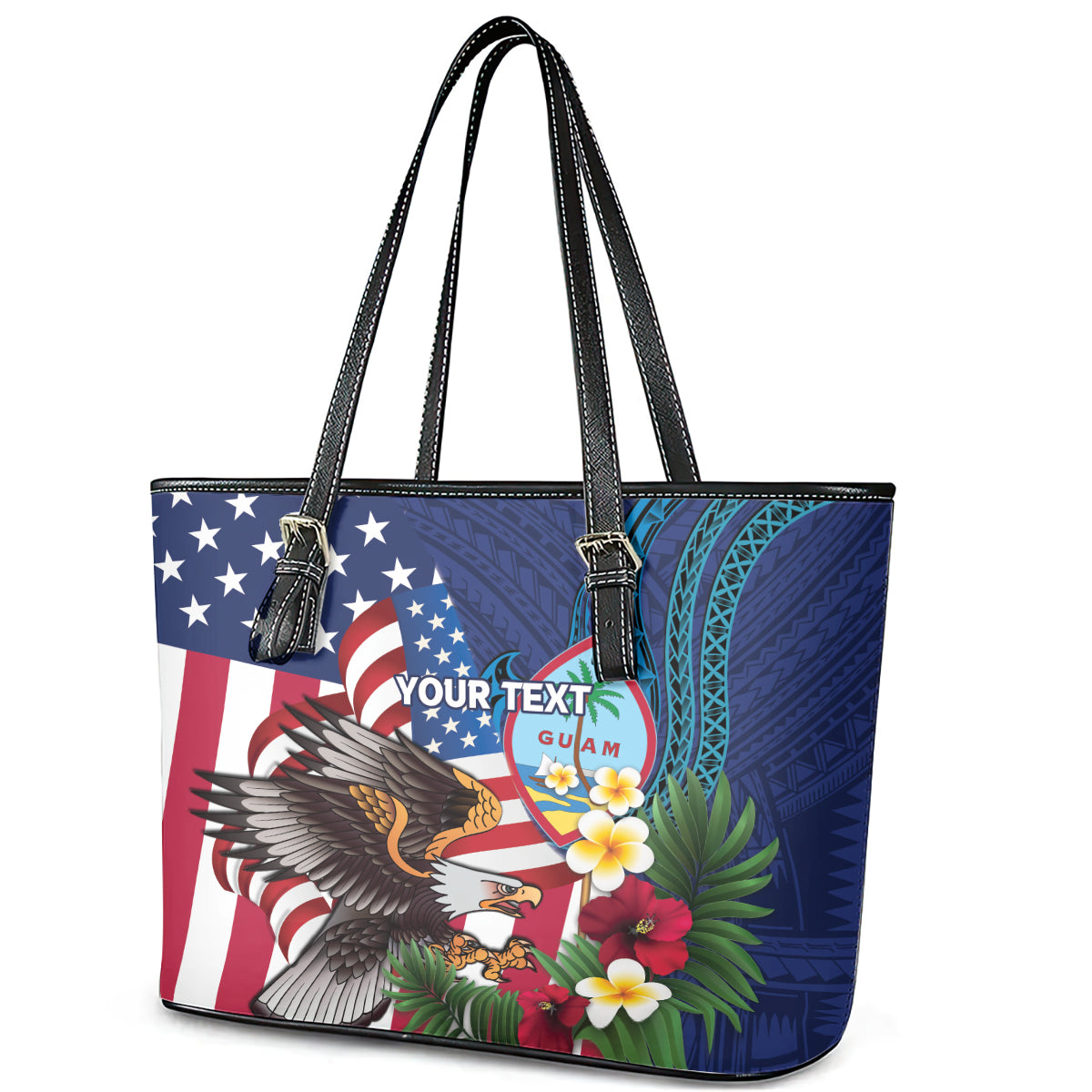 Personalised United States And Guam Leather Tote Bag USA Eagle With Guahan Seal Tropical Vibes - Wonder Print Shop