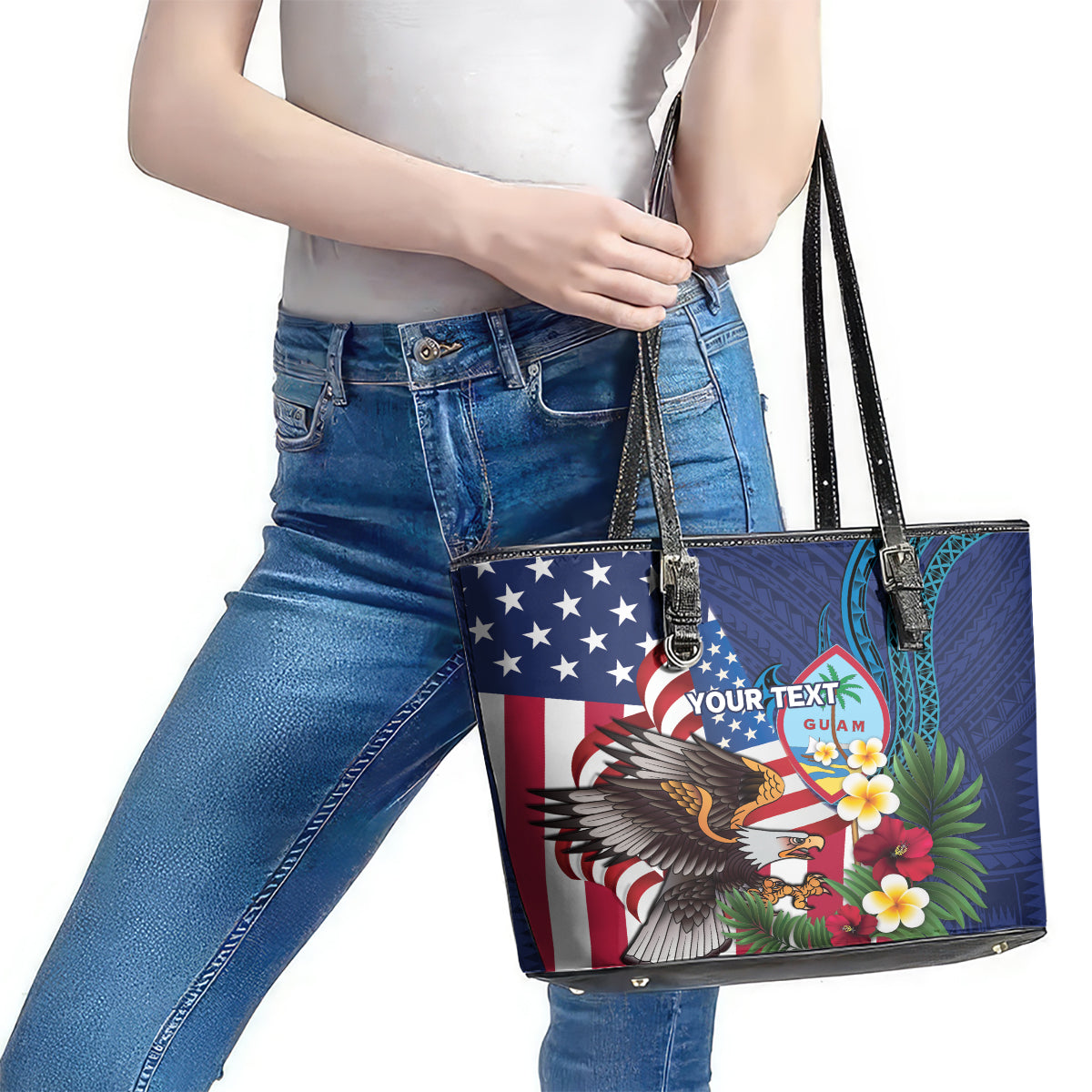 Personalised United States And Guam Leather Tote Bag USA Eagle With Guahan Seal Tropical Vibes - Wonder Print Shop