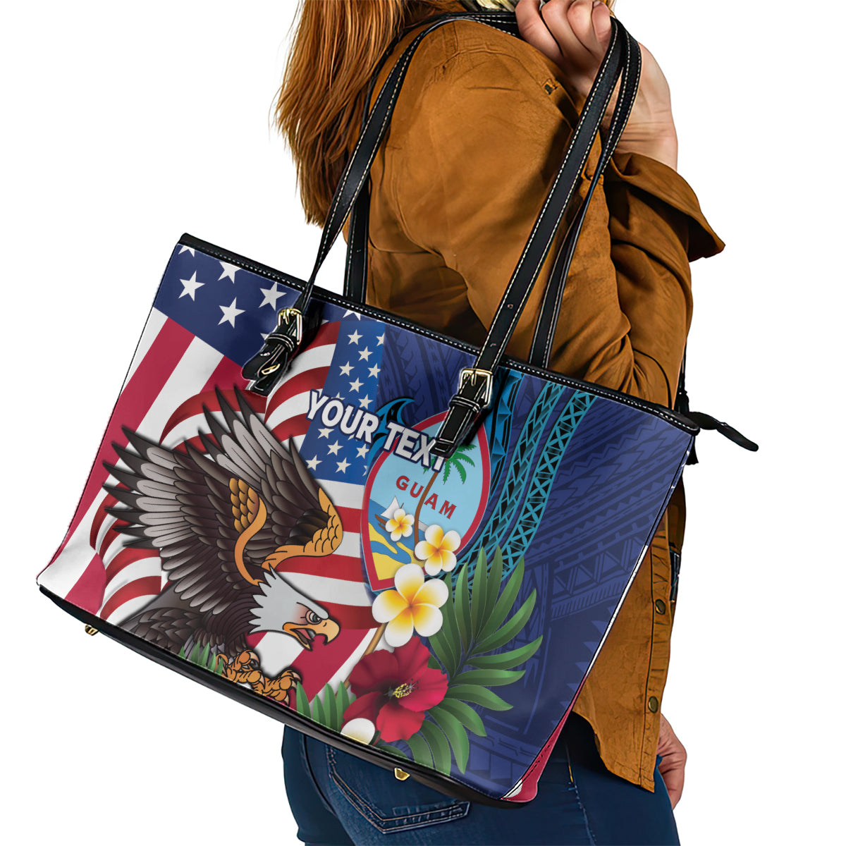 Personalised United States And Guam Leather Tote Bag USA Eagle With Guahan Seal Tropical Vibes - Wonder Print Shop