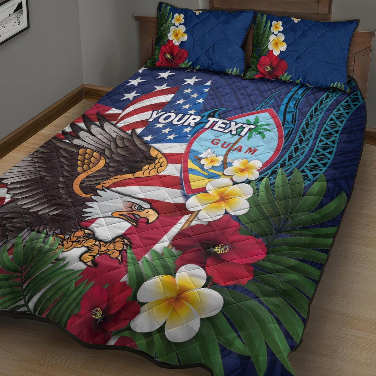Personalised United States And Guam Quilt Bed Set USA Eagle With Guahan Seal Tropical Vibes - Wonder Print Shop
