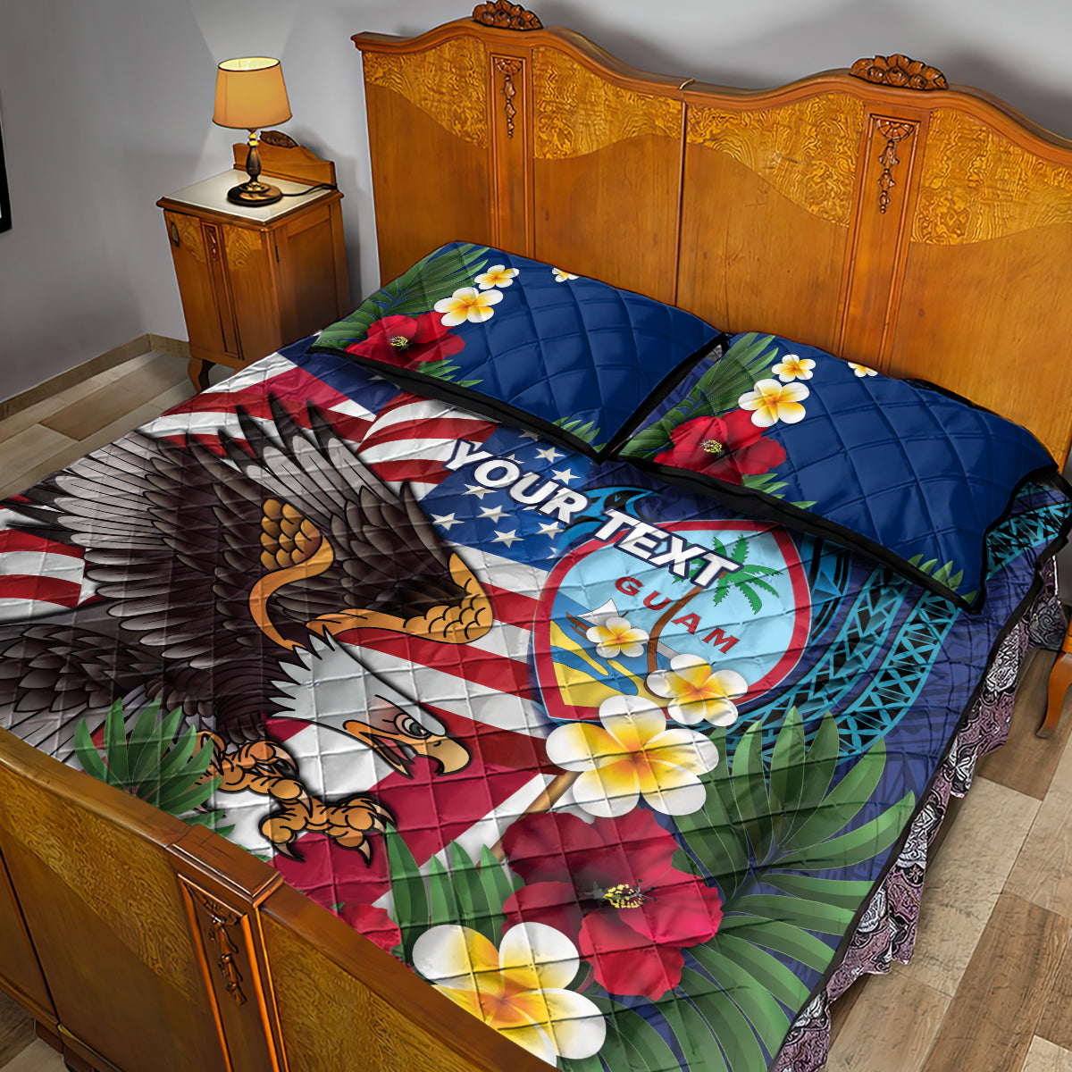 Personalised United States And Guam Quilt Bed Set USA Eagle With Guahan Seal Tropical Vibes - Wonder Print Shop