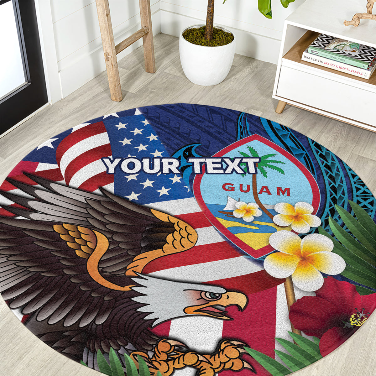 Personalised United States And Guam Round Carpet USA Eagle With Guahan Seal Tropical Vibes