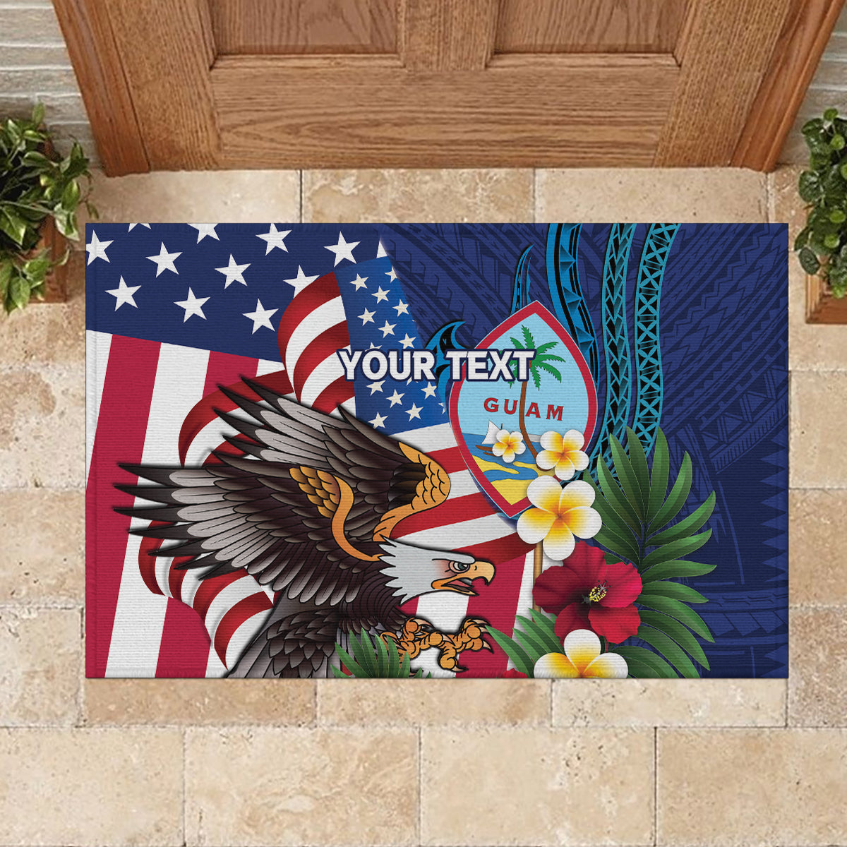 Personalised United States And Guam Rubber Doormat USA Eagle With Guahan Seal Tropical Vibes - Wonder Print Shop