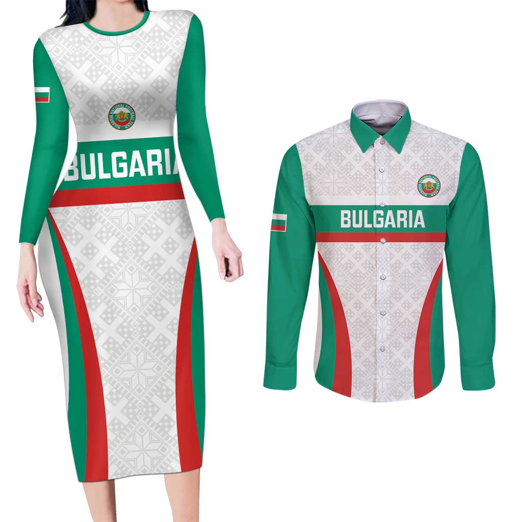 Custom Bulgaria Football Couples Matching Long Sleeve Bodycon Dress and Long Sleeve Button Shirt Bulgarian Pattern Sporty Style