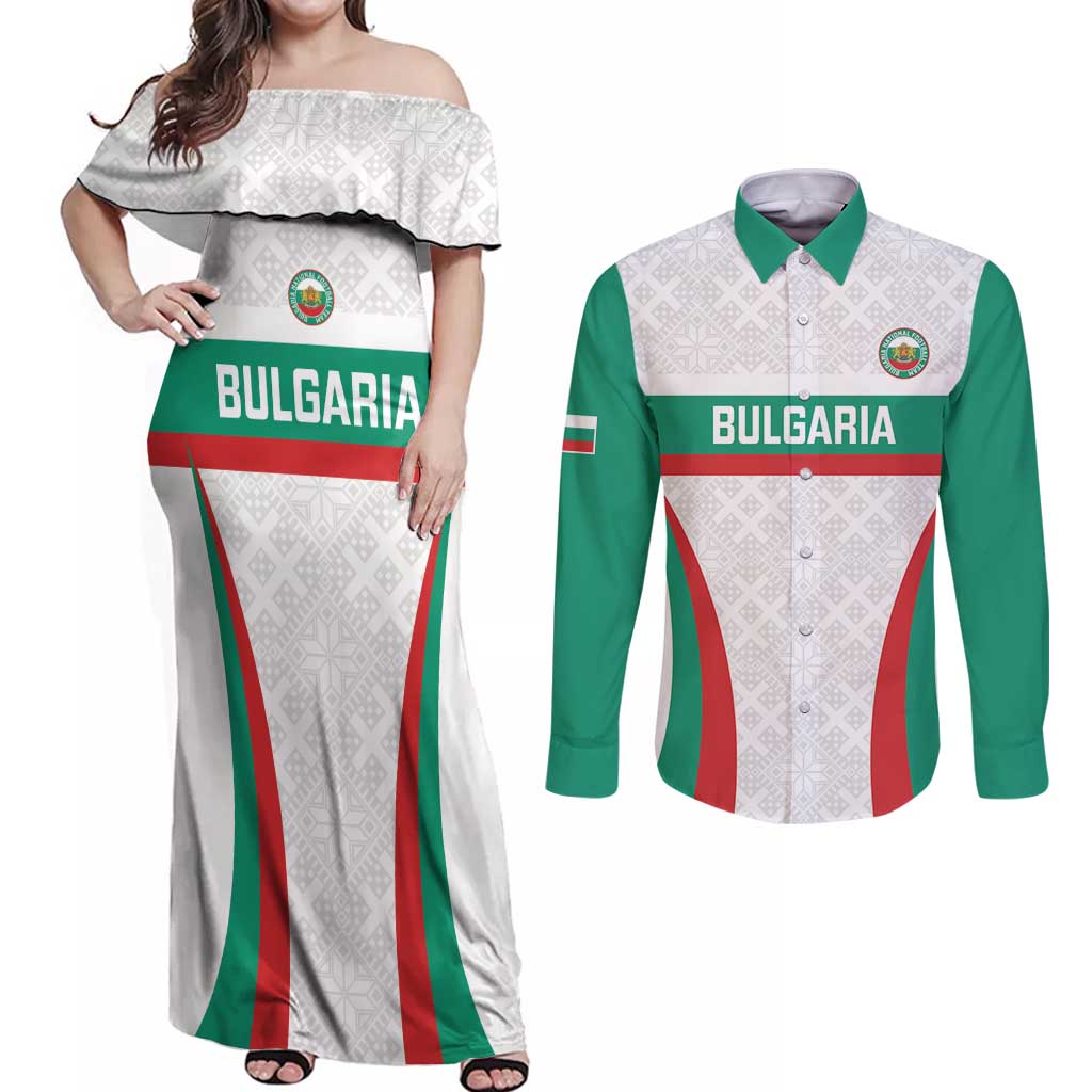 Custom Bulgaria Football Couples Matching Off Shoulder Maxi Dress and Long Sleeve Button Shirt Bulgarian Pattern Sporty Style