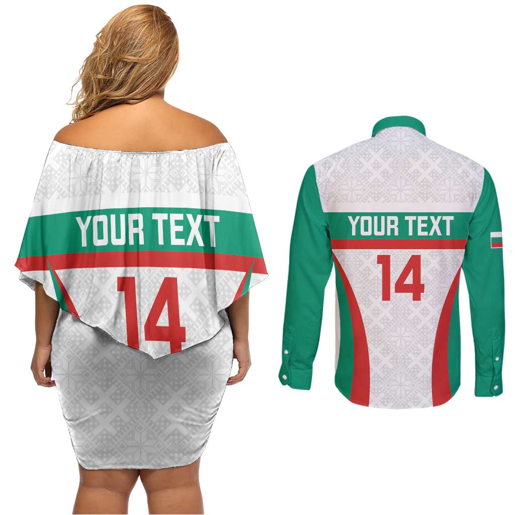 Custom Bulgaria Football Couples Matching Off Shoulder Short Dress and Long Sleeve Button Shirt Bulgarian Pattern Sporty Style