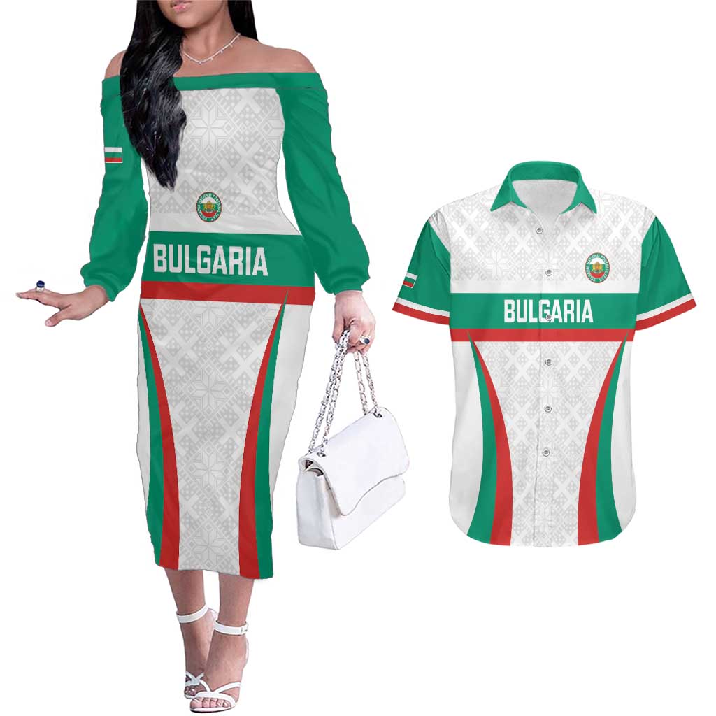 Custom Bulgaria Football Couples Matching Off The Shoulder Long Sleeve Dress and Hawaiian Shirt Bulgarian Pattern Sporty Style