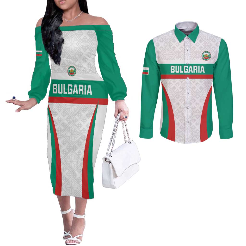 Custom Bulgaria Football Couples Matching Off The Shoulder Long Sleeve Dress and Long Sleeve Button Shirt Bulgarian Pattern Sporty Style