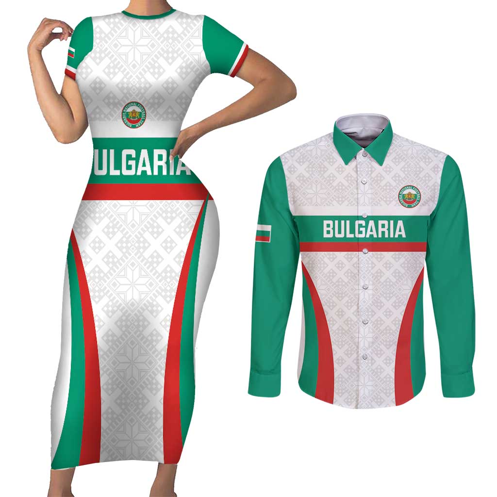 Custom Bulgaria Football Couples Matching Short Sleeve Bodycon Dress and Long Sleeve Button Shirt Bulgarian Pattern Sporty Style