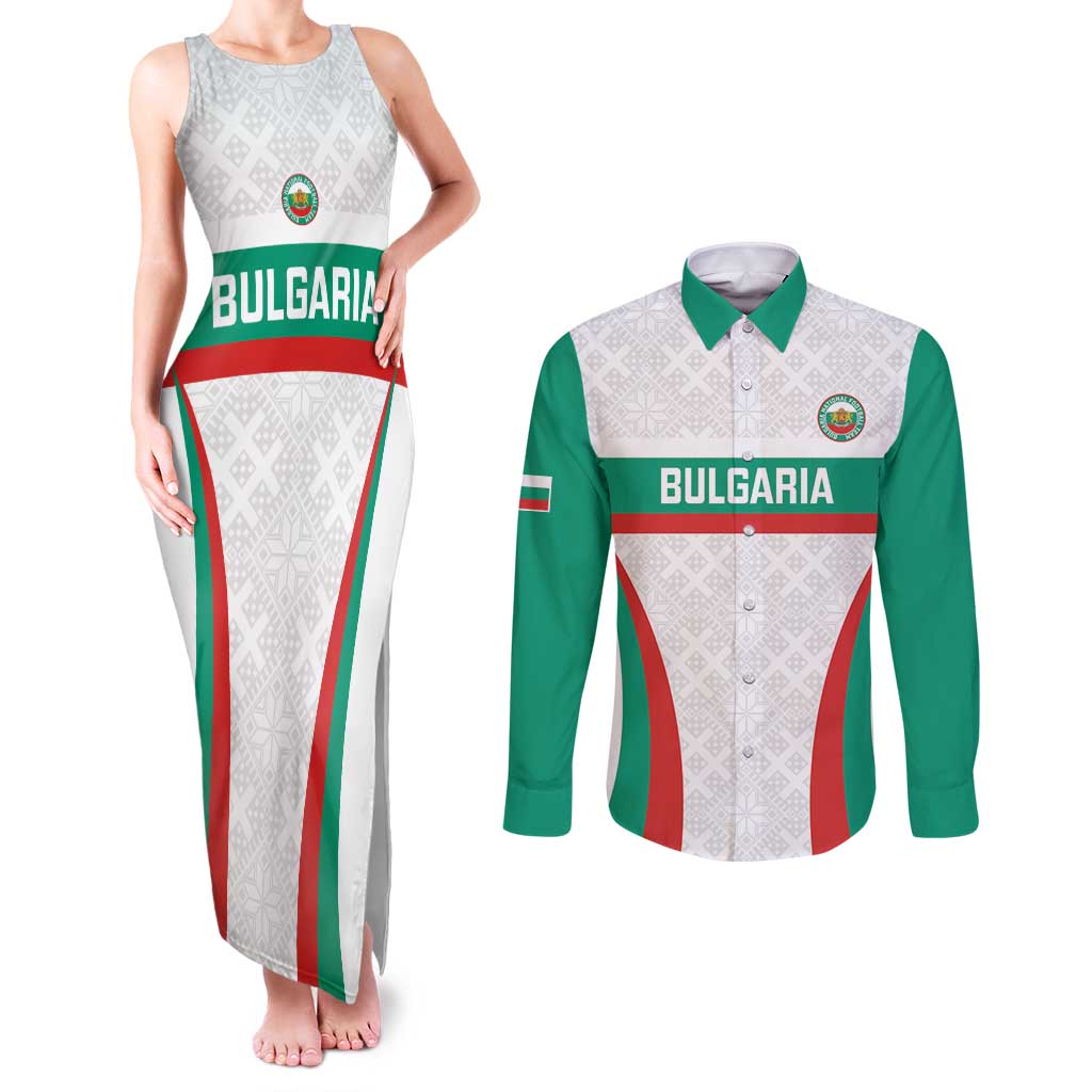 Custom Bulgaria Football Couples Matching Tank Maxi Dress and Long Sleeve Button Shirt Bulgarian Pattern Sporty Style