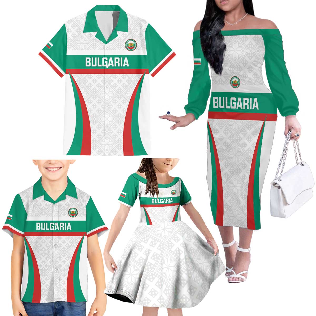 Custom Bulgaria Football Family Matching Off The Shoulder Long Sleeve Dress and Hawaiian Shirt Bulgarian Pattern Sporty Style