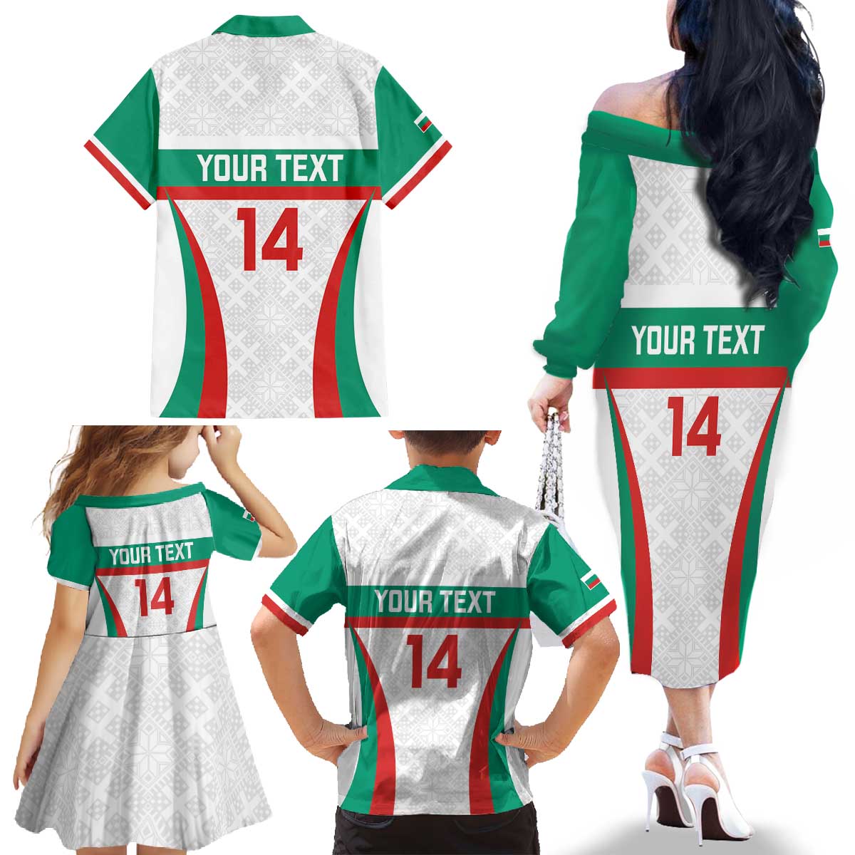 Custom Bulgaria Football Family Matching Off The Shoulder Long Sleeve Dress and Hawaiian Shirt Bulgarian Pattern Sporty Style