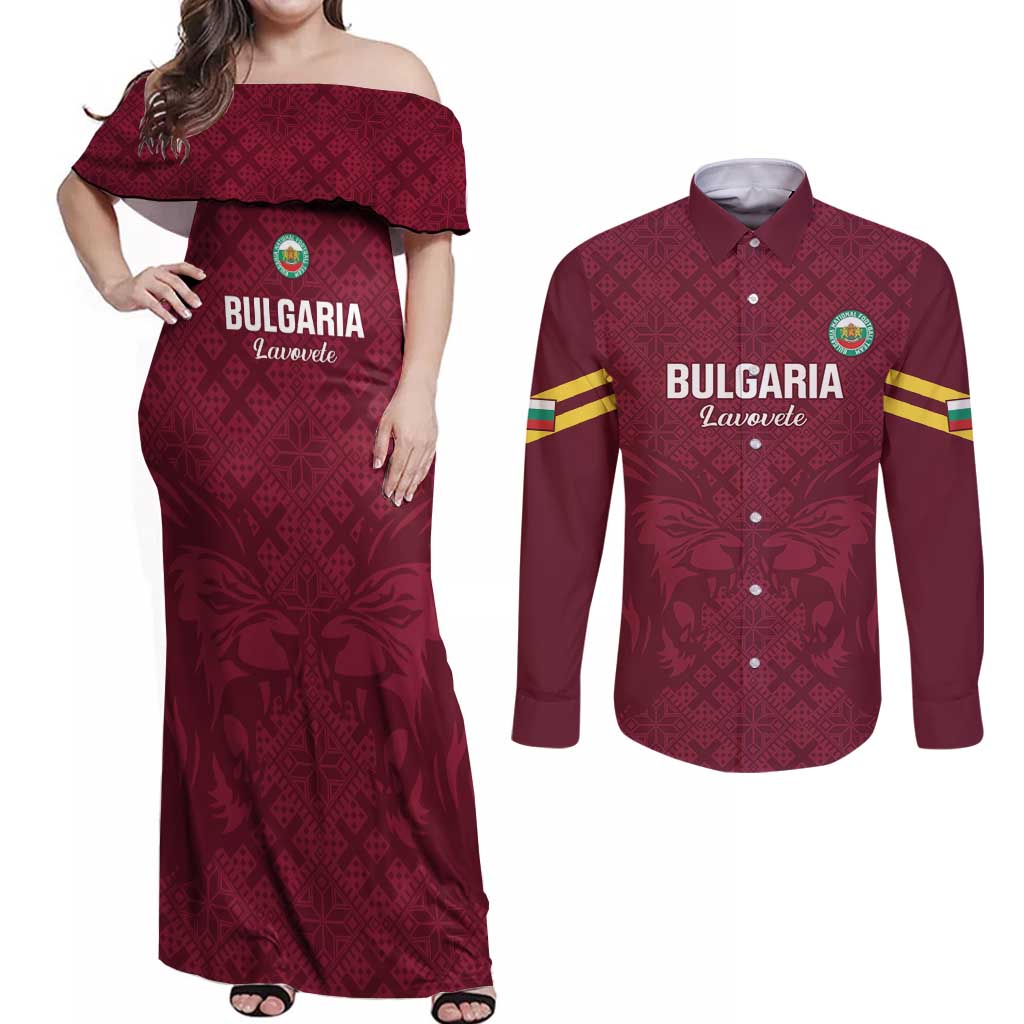 Custom Bulgaria Football Couples Matching Off Shoulder Maxi Dress and Long Sleeve Button Shirt Go Lavovete Bulgarian Pattern