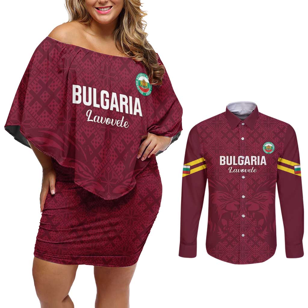 Custom Bulgaria Football Couples Matching Off Shoulder Short Dress and Long Sleeve Button Shirt Go Lavovete Bulgarian Pattern