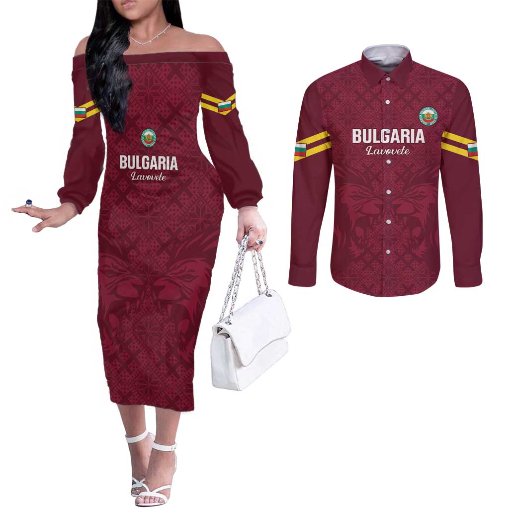 Custom Bulgaria Football Couples Matching Off The Shoulder Long Sleeve Dress and Long Sleeve Button Shirt Go Lavovete Bulgarian Pattern