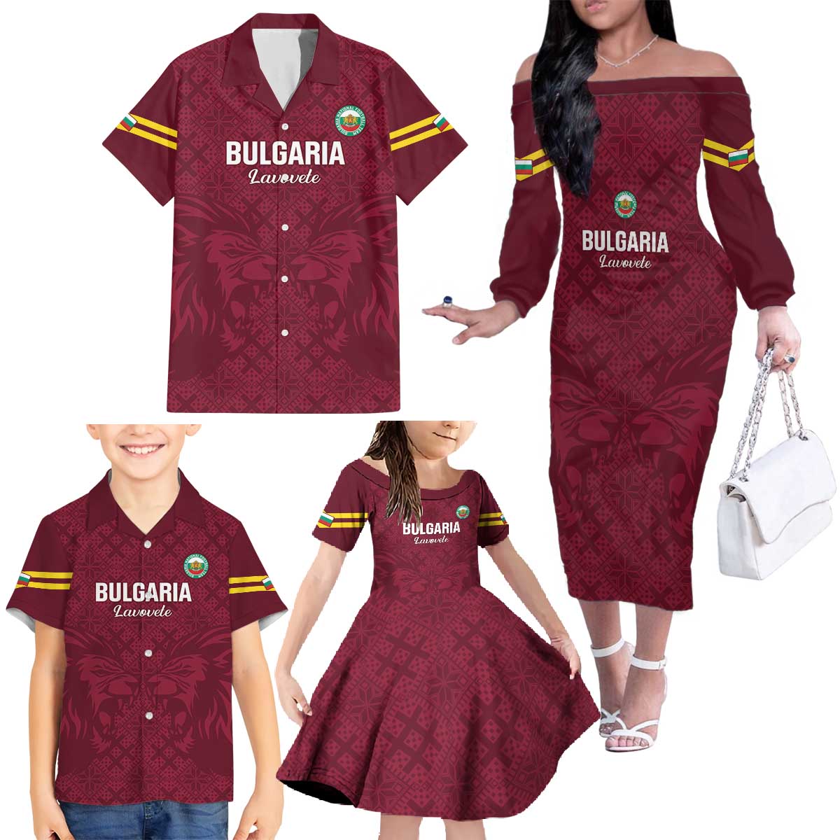 Custom Bulgaria Football Family Matching Off The Shoulder Long Sleeve Dress and Hawaiian Shirt Go Lavovete Bulgarian Pattern