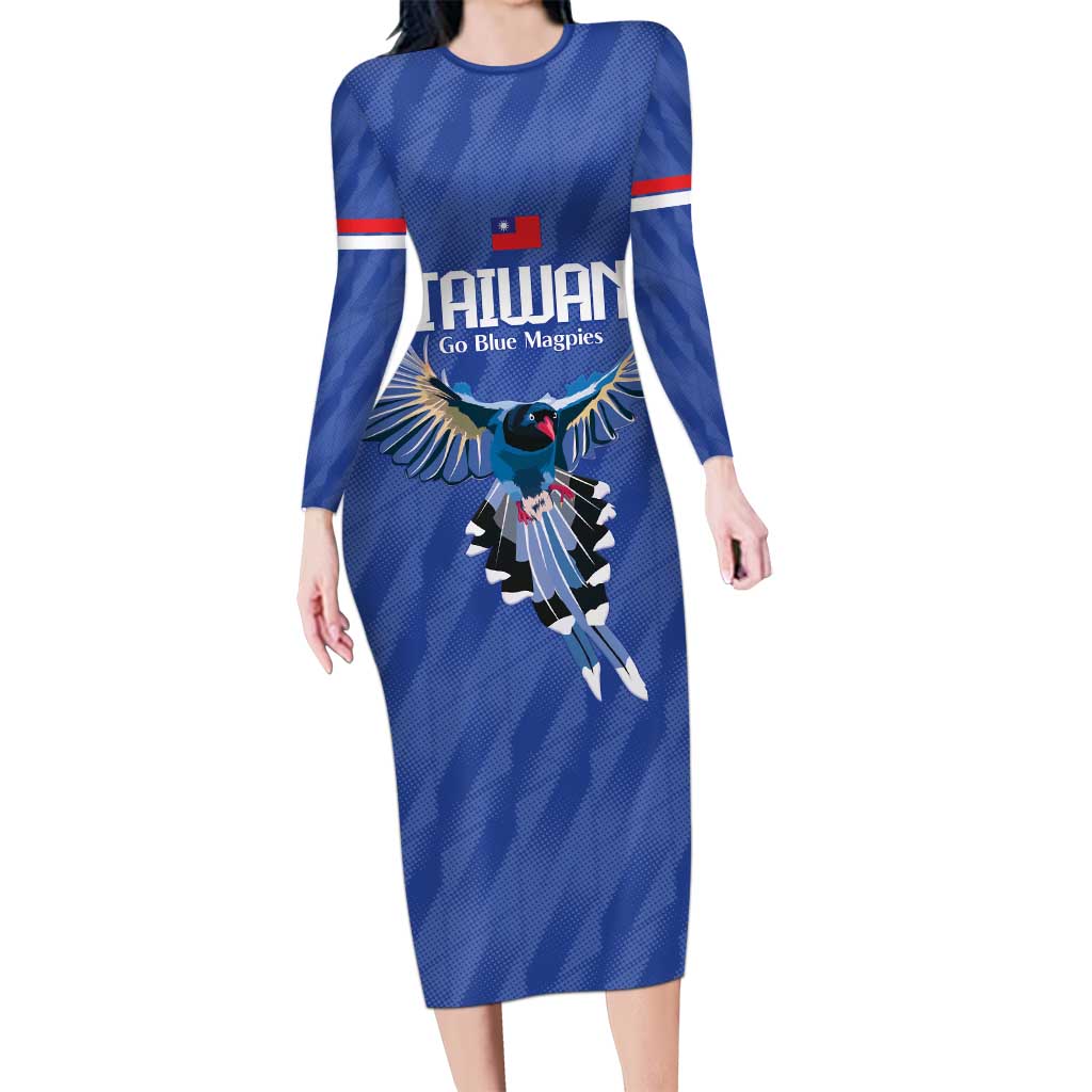 Custom Taiwan Football 2026 Long Sleeve Bodycon Dress Come On Blue Magpies