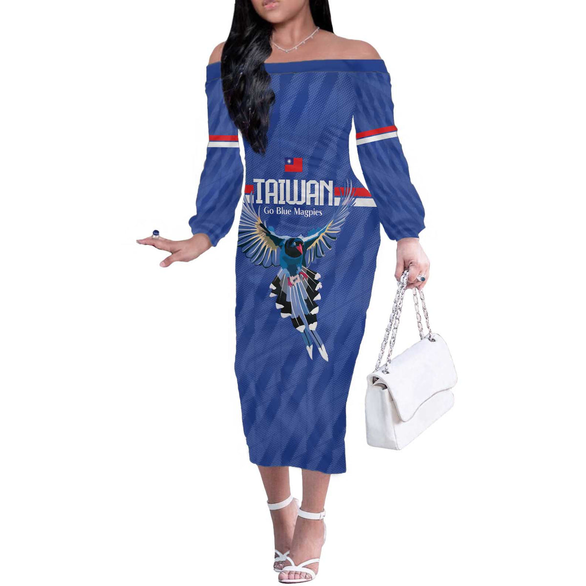 Custom Taiwan Football 2026 Off The Shoulder Long Sleeve Dress Come On Blue Magpies