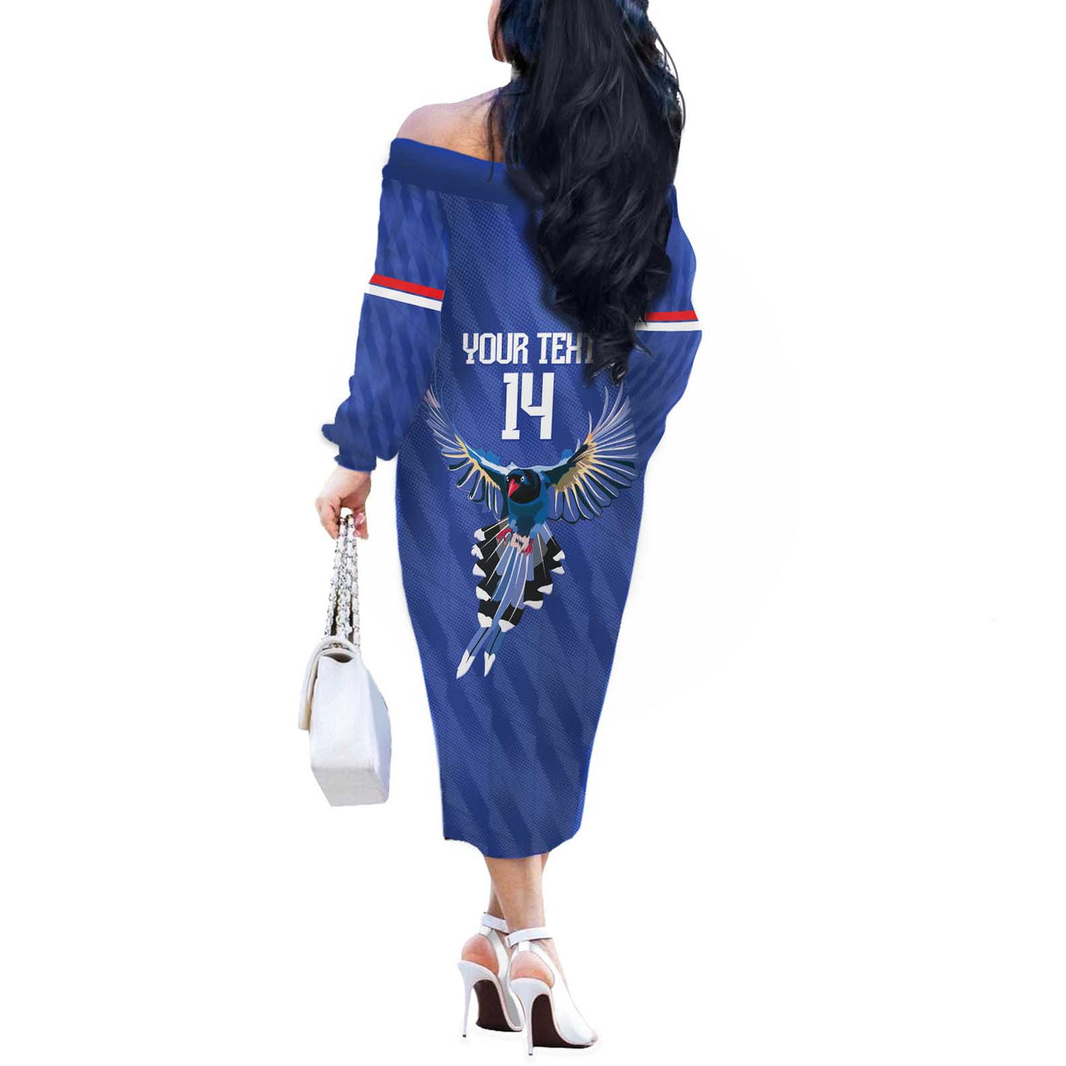 Custom Taiwan Football 2026 Off The Shoulder Long Sleeve Dress Come On Blue Magpies