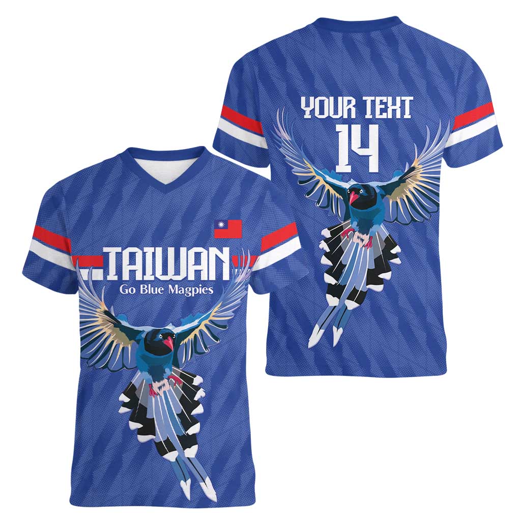 Custom Taiwan Football 2026 Women V-Neck T-Shirt Come On Blue Magpies