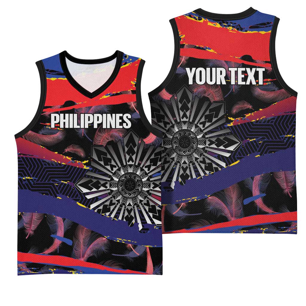 Personalised Philippines Sun Tattoo Basketball Jersey Feathers Filipinas Grunge Style Black