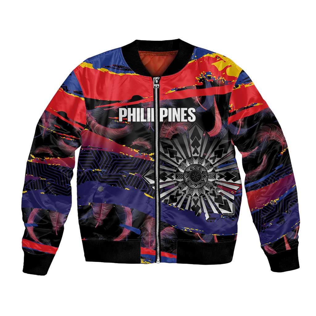 Personalised Philippines Sun Tattoo Bomber Jacket Feathers Filipinas Grunge Style Black