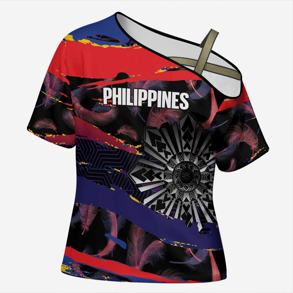 Personalised Philippines Sun Tattoo Cross Shoulder Shirt Feathers Filipinas Grunge Style Black