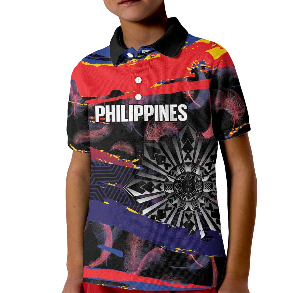 Personalised Philippines Sun Tattoo Kid Polo Shirt Feathers Filipinas Grunge Style Black