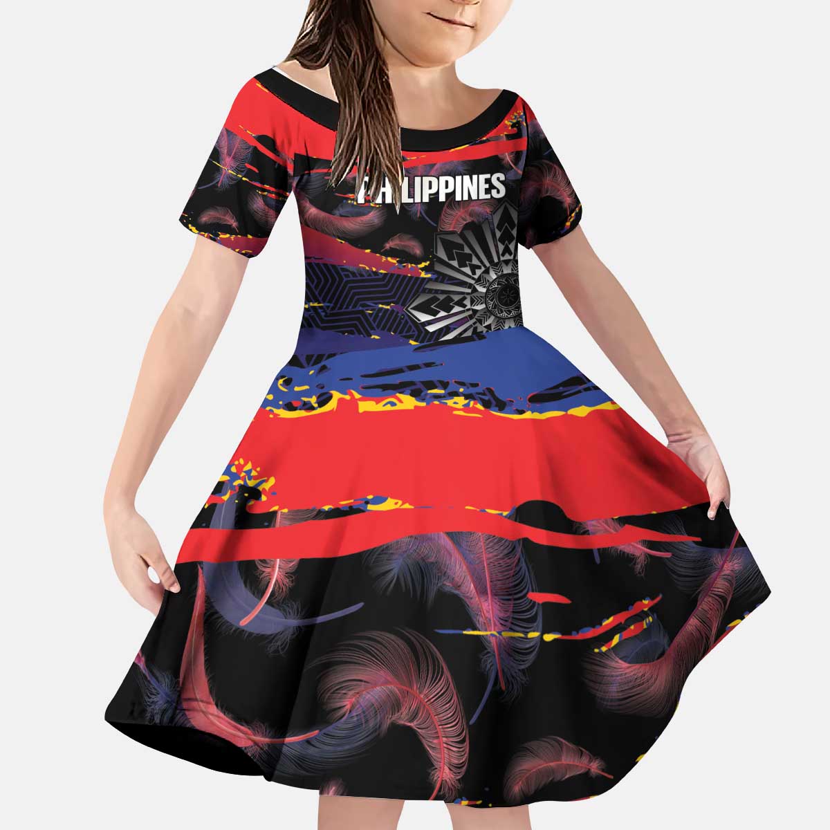 Personalised Philippines Sun Tattoo Kid Short Sleeve Dress Feathers Filipinas Grunge Style Black