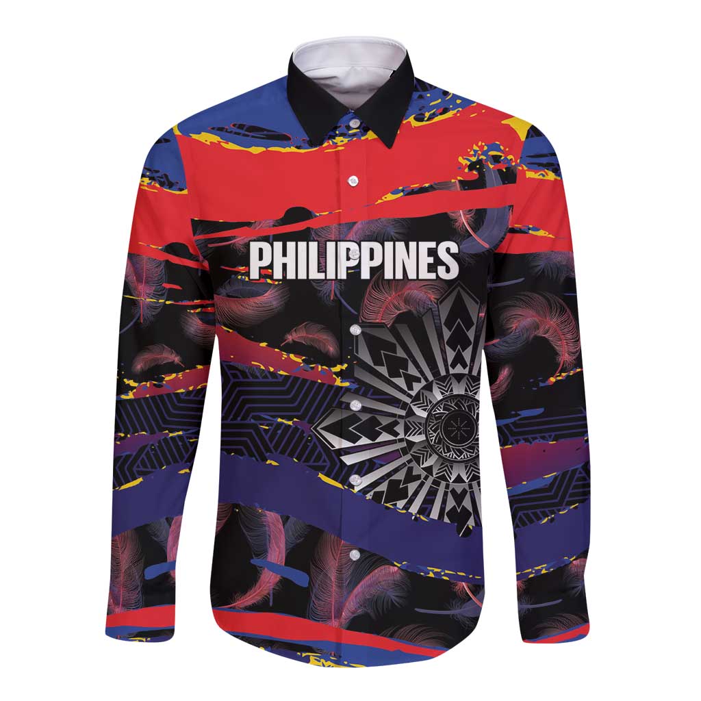 Personalised Philippines Sun Tattoo Long Sleeve Button Shirt Feathers Filipinas Grunge Style Black