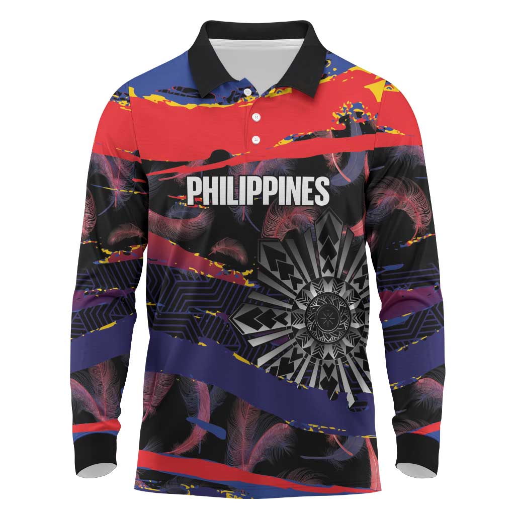 Personalised Philippines Sun Tattoo Long Sleeve Polo Shirt Feathers Filipinas Grunge Style Black