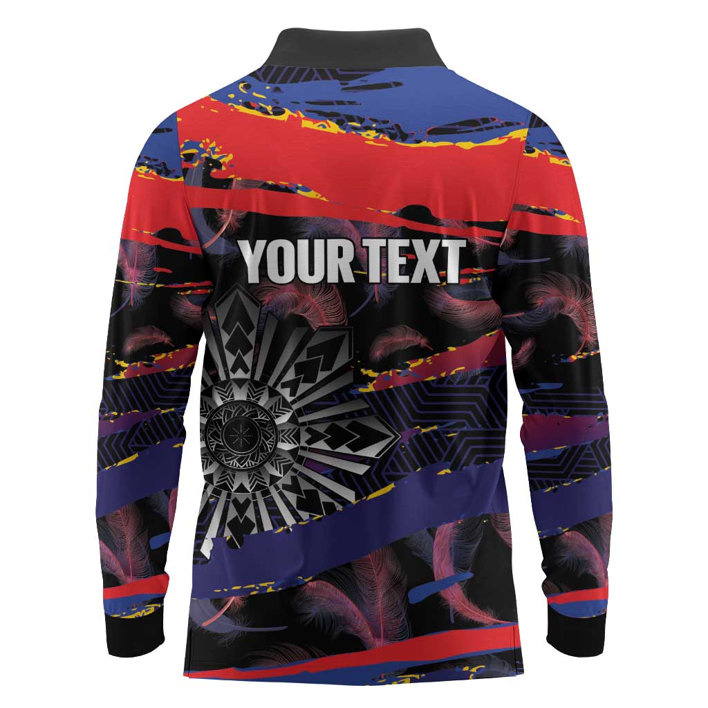 Personalised Philippines Sun Tattoo Long Sleeve Polo Shirt Feathers Filipinas Grunge Style Black