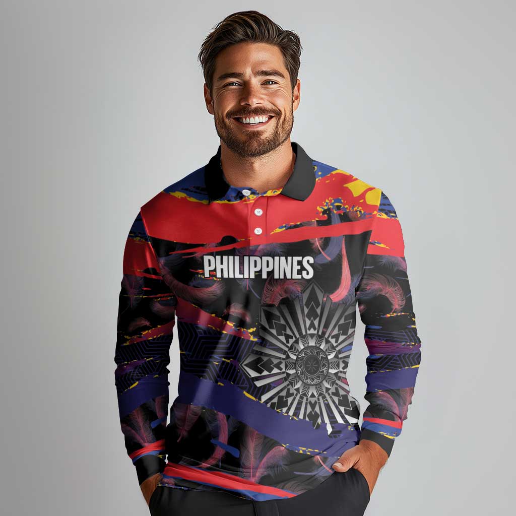 Personalised Philippines Sun Tattoo Long Sleeve Polo Shirt Feathers Filipinas Grunge Style Black