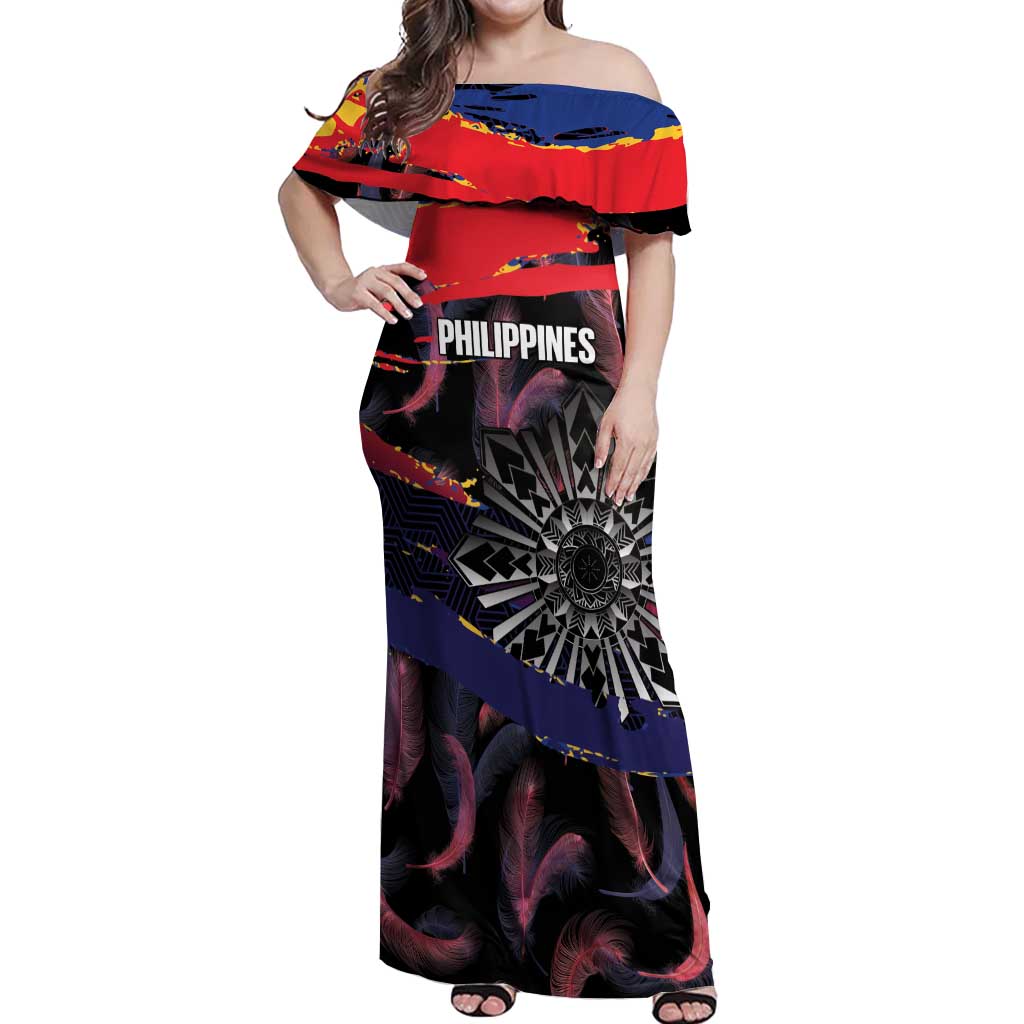 Personalised Philippines Sun Tattoo Off Shoulder Maxi Dress Feathers Filipinas Grunge Style Black