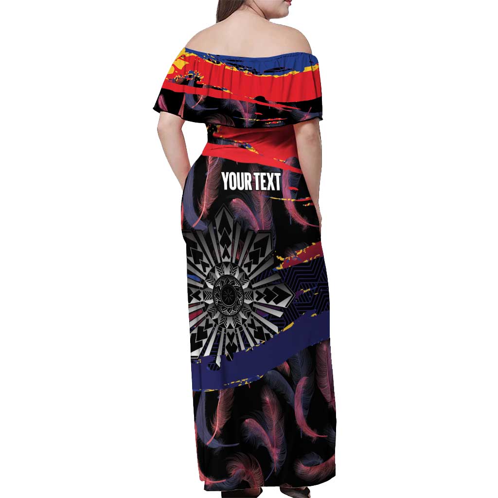 Personalised Philippines Sun Tattoo Off Shoulder Maxi Dress Feathers Filipinas Grunge Style Black