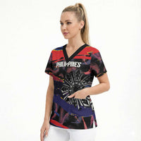 Personalised Philippines Sun Tattoo Scrub Top Feathers Filipinas Grunge Style Black