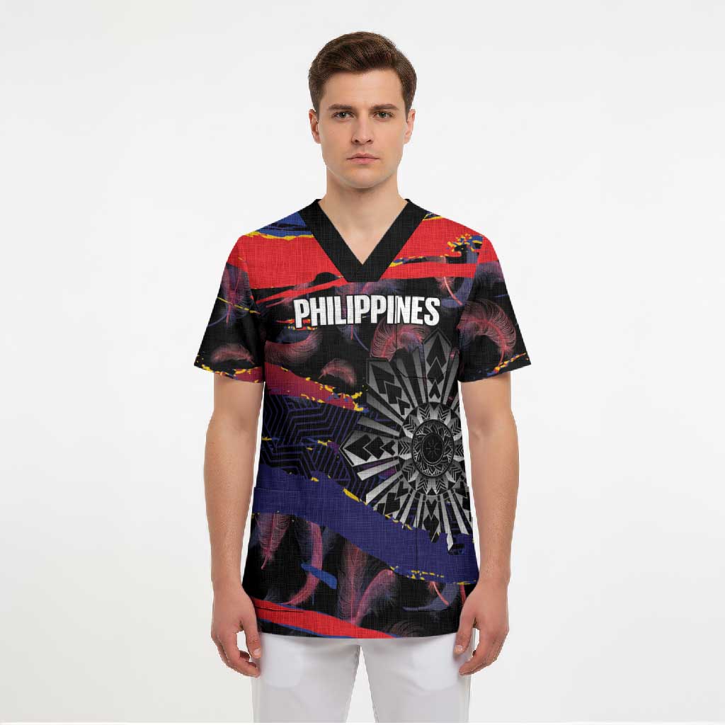 Personalised Philippines Sun Tattoo Scrub Top Feathers Filipinas Grunge Style Black